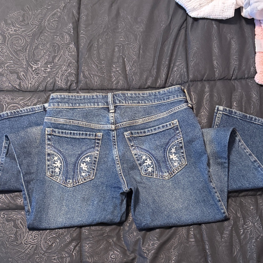 Hollister Women's Denim Boot Cut Jeans with White Embroidery
